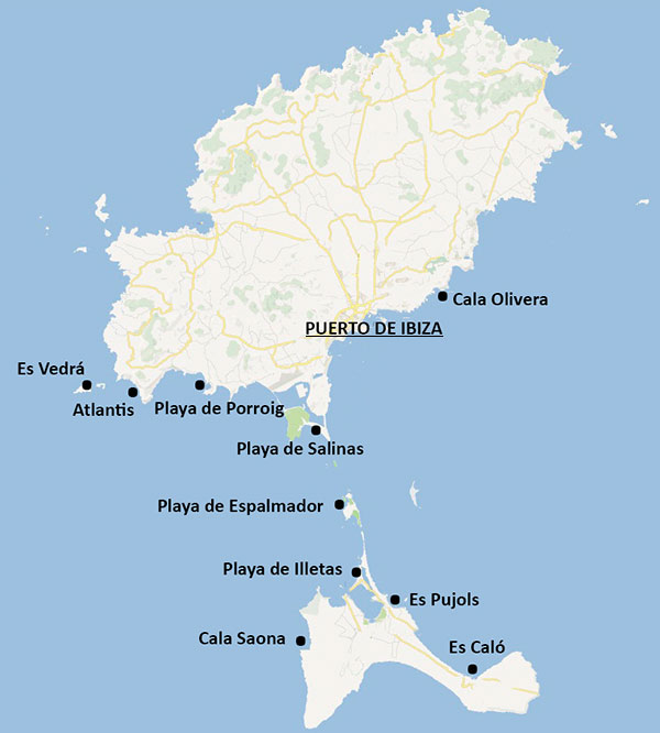 Mapa de excursiones por Ibiza y Formentera
